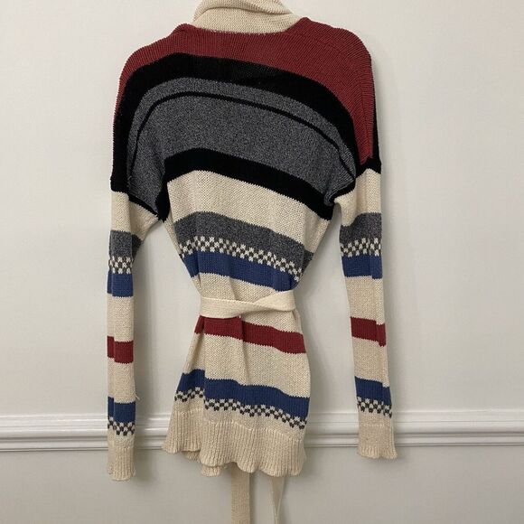 American Eagle Shawl Collar Stripe Southwest Tribal Knit Belt Cardigan Sz Small - Picture 15 of 15